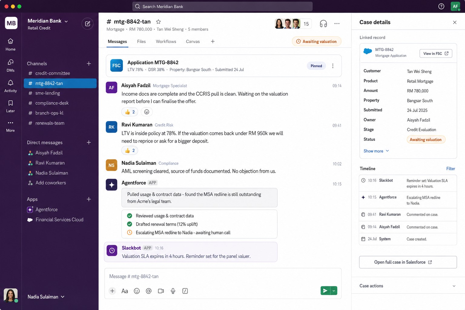Slack channel for a mortgage case, with the Salesforce record pinned beside the conversation
